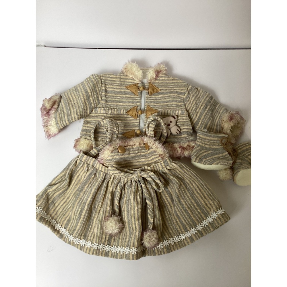 Doll Clothes 3 Piece Outfit Jacket Skirt Set Bear Trim Toggles Striped 9" Chest